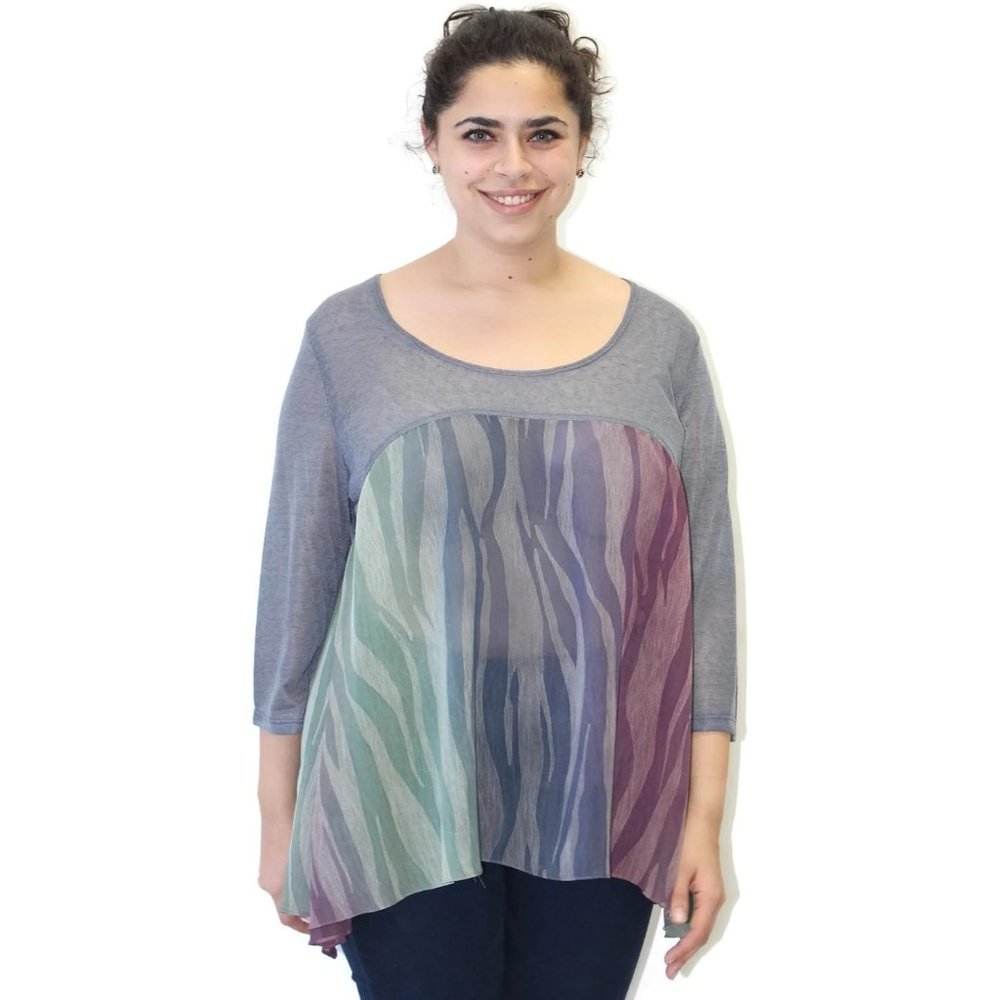 Caribe Grey Print Chiffon Slub Top Plus Size